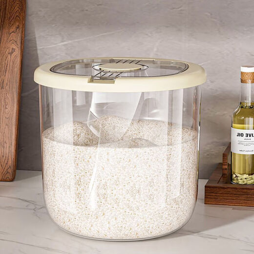 Rice bucket round household insect-proof and moisture-proof sealed visible rice bucket new rice box storage grain storage bucket milky white 10Jin Jin equals 0.5kg with measuring cup