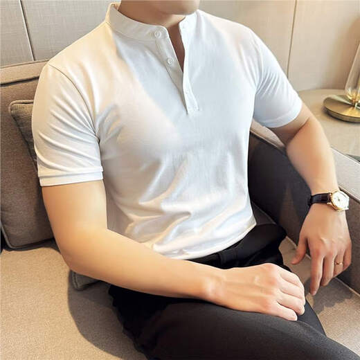 Qing Muqi New Chinese Henry Collar Short Sleeve POLO Shirt Men's 2025 New Summer High-Quality Stand Collar T-Shirt Mature and Stable Blue Stand Collar Polo Short Sleeve M Recommendation 90-105 Jin Jin is equal to 0.5 kg