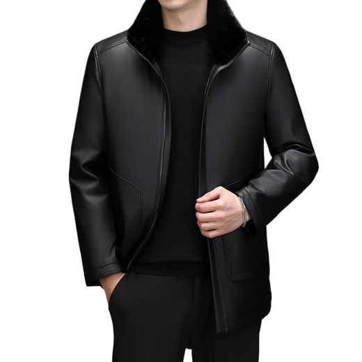 KINGBOX Genuine Leather Down Jacket Men's Medium Long Stand Collar Leather Jacket Mink Fur Collar Removable Liner Large Leather Jacket Flagship Official Black Black Fur Collar L 175 120-135Jin Jin is equal to 0.5 kg