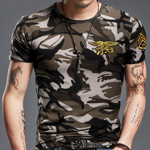 
Military fans supplies short-sleeved T-shirts in military training camouflage army green military style men and women summer physical training suits instructors top clothes fitness special forces tactical clothing X2601 yellow fans shorts [combed cotton] 5XL (180Jin [Jin equals about 0.5 kg])