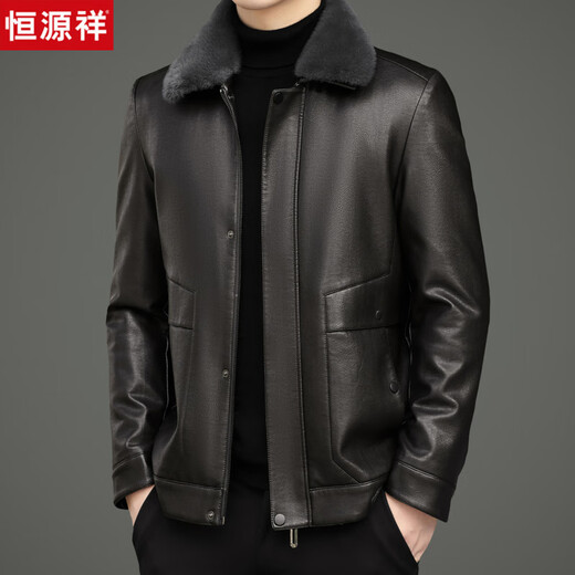 Hengyuanxiang Men's Leather Jacket with Velvet and Thickened Winter Fur All-in-one Removable Liner Dad Thickened Leather Jacket Jacket Black M 170 Recommended 95-115Jin Jin is equal to 0.5kg