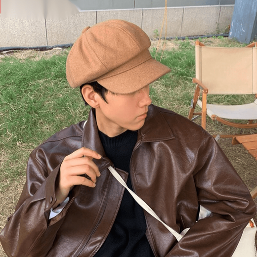 Haofanjie hat beret men's winter black octagonal hat British retro large head circumference men's style boys high-end black