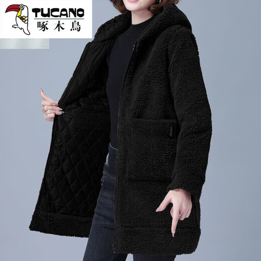 啄木鸟（TUCANO）加厚保暖仿羊羔绒外套女冬季新款中老年大码宽松中长款连帽棉袄 653浅紫色 3XL 【建议145-160斤】