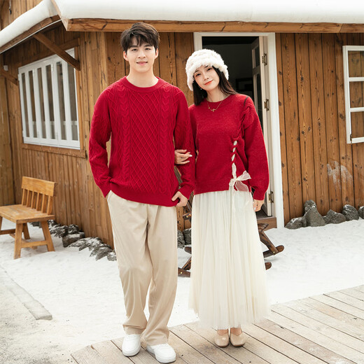 Little Bear Elf (xiaoxiongjingling) parent-child outfit family portrait red national style sweater mother and daughter autumn and winter New Year clothes street sweater father and son twist top men's twist sweater/women's bow sweater 175 mother size L (recommended weight 105-120Jin Jin equals 0.5 kg)