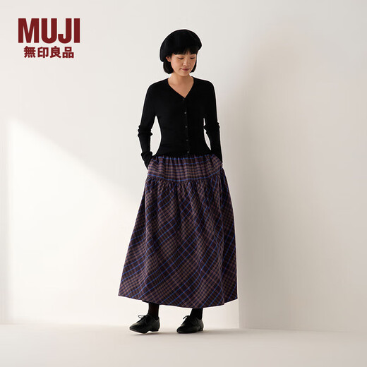 MUJI Women's Flannel Pleated Skirt Long Skirt Women's Skirt Women's Fall 25 BE1D1C5A Brown Plaid M