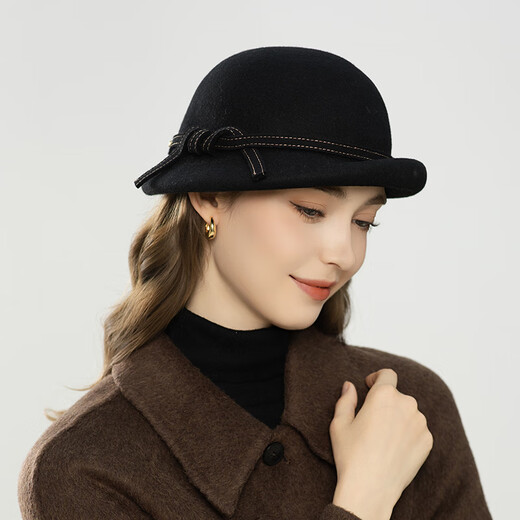 Lanshimengdai 2025 new simple wool basin hat for women elegant retro knotted rope decoration casual versatile hat autumn and winter warm black 56-58cm