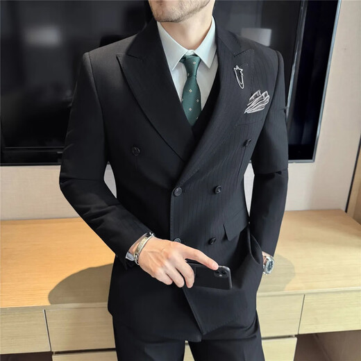 FZPT light luxury trendy brand suit suit for men 2025 autumn and winter new business casual fashion slim striped double-breasted suit medium gray suit + pants + vest 3XL recommended 150-160Jin Jin equals 0.5 kg