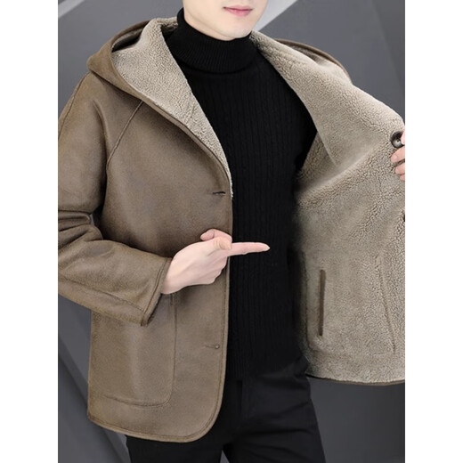 Playboy (PLAYBOY) Hooded Fur Grained Sheep Velvet Coated Fur One-piece Jacket Men's Thickened Reversible Shearling Leather Jacket Black (Reversible) 3XL Approximately 150-170Jin Jin is equal to 0.5 kg