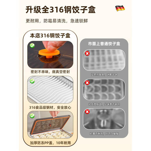 Tuojin German imported quality 316 stainless steel dumpling freezing box food-grade wonton dumpling quick-frozen storage box refrigerator 3-pack 316L dumpling box 2600ML-sealed lid