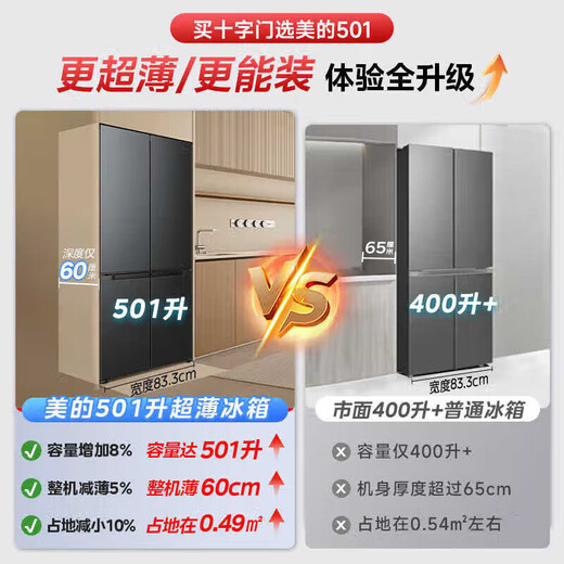 Midea refrigerator 501 liter French multi-door double door/cross four-door first-class variable frequency air-cooled frost-free household large capacity 60cm ultra-thin and embedded odor-free refrigerator Cross-door four-door 501 liter | 60cm ultra-thin and embedded