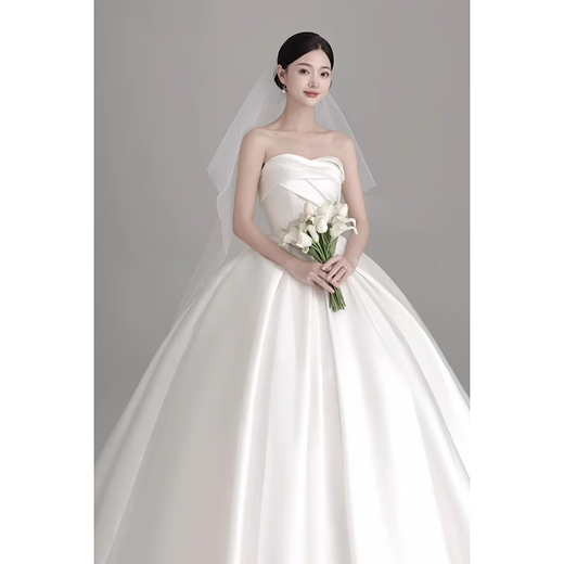 SHANDONGSHAONV French simple light wedding dress bride 2025 new satin main yarn texture small trailing main yarn simple floor-length wedding dress three-piece set M