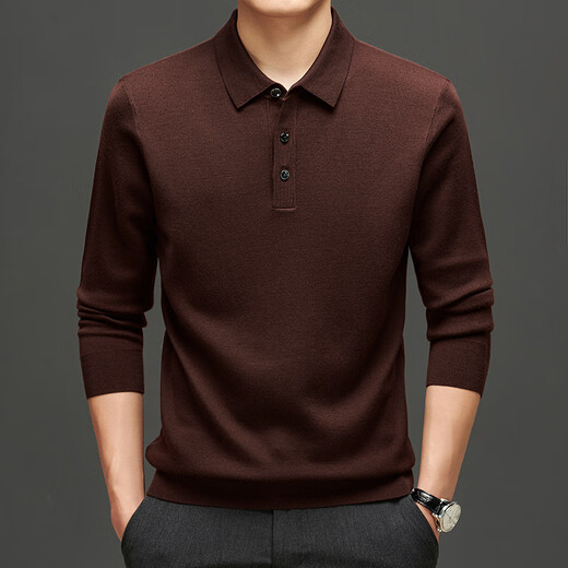 Bolison international first-line brand 320g medium thick high density worsted 100% wool sweater men's lapel wool saddle brown 4XL 190