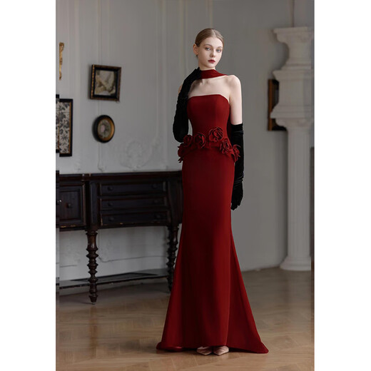 Xiaohongshu Toast Wear Bridal 2025 New Style Tube Top Burgundy Wedding Return Engagement Banquet Burgundy M