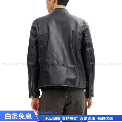 COACH Fashionable and Versatile Trend RACER Solid Color Round Neck Zipper Long Sleeve Leather Jacket Men's Black Christmas Gift Black M