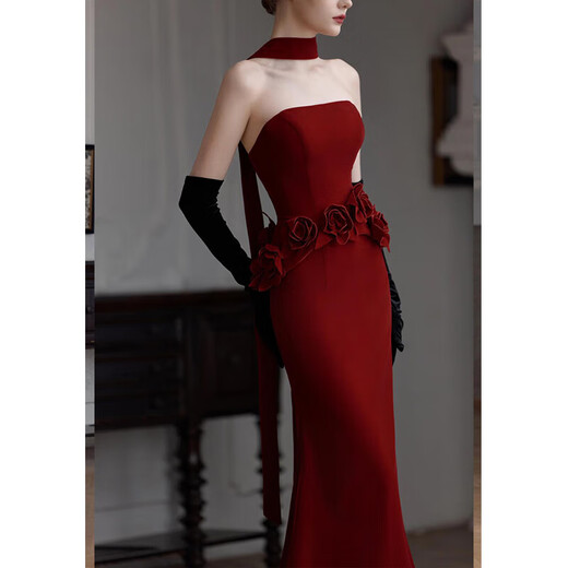 Xiaohongshu Toast Wear Bridal 2025 New Style Tube Top Burgundy Wedding Return Engagement Banquet Burgundy M