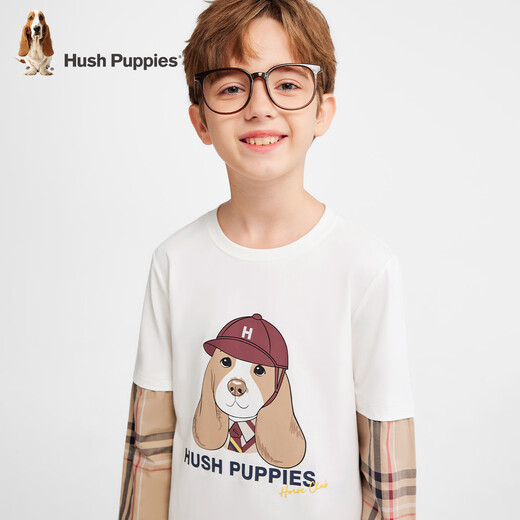 Hush Puppies children's clothing children's shirt boys autumn new classic college style fake two-piece comfortable crew neck shirt original white 150 cm