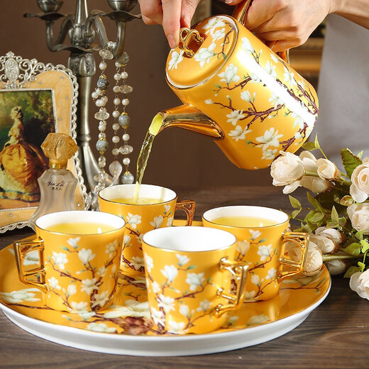 Heart Decoration Garden Living Room British-style Afternoon Tea Tea Set Luxurious European Bone China Water Cup Kettle Household Set Ceramic Tea Cup Gift Box Yellow Wangchun Magnolia 8-head Water Set