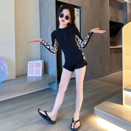 Girls swimwear 2025 new children's long-sleeved sunscreen quick-drying swimsuit for middle-aged and older girls one-piece swimming suit swimsuit plus swimming cap 140 140cm