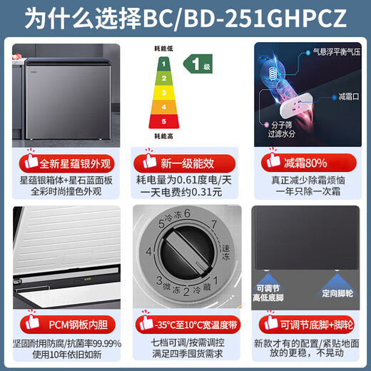 海尔（Haier）宝蓝251升单温冰柜家用小型-35度超低温大容量无需频繁除霜300升以下冷冻柜BC/BD-251GHPCZ补贴
