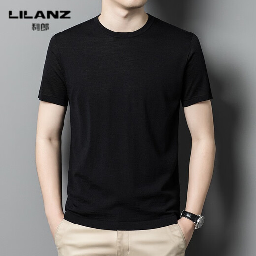 Lilang worsted wool short-sleeved T-shirt men's round neck summer thin cool high count super fine solid color half-sleeved woolen sweater gray green thin 4XL (190)