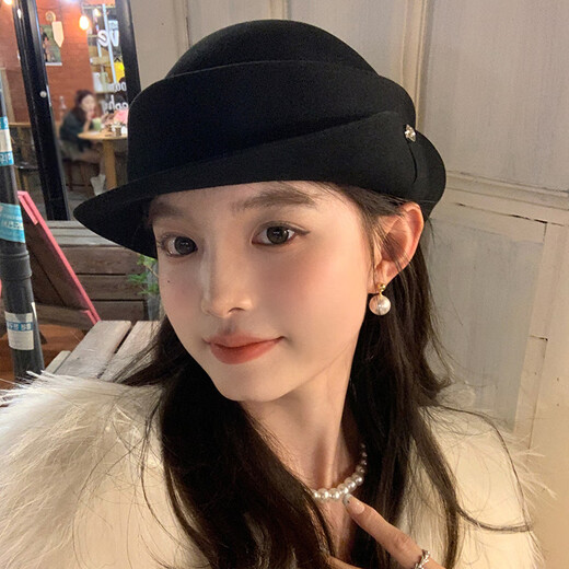 Winter hat for women, autumn wool felt hat, hiking warm hat, knight wide brim dome fisherman basin, classic black, one size fits all, 54-58cm