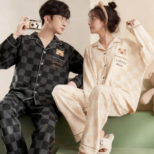 Bo Na Ling couple pajamas for one man and one woman, summer and autumn cardigan long-sleeved trousers, casual men and women can wear pajamas, home clothes set, couple pajamas bear style, men's XL