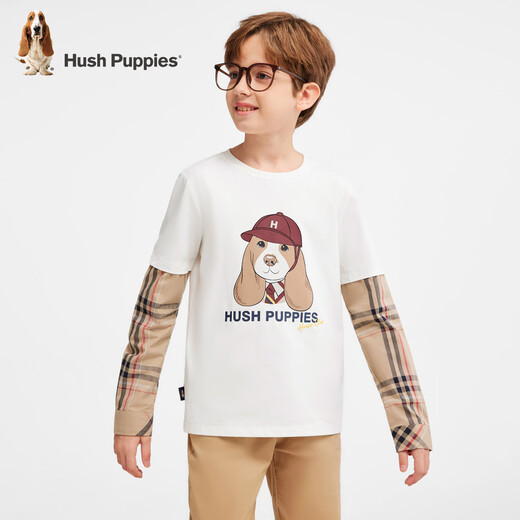 Hush Puppies children's clothing children's shirt boys autumn new classic college style fake two-piece comfortable crew neck shirt original white 150 cm