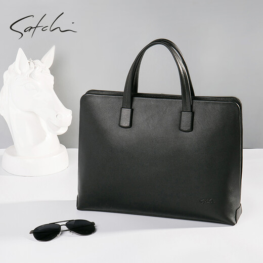 SATCHI men's bag business briefcase first layer cowhide handbag large capacity shoulder crossbody bag computer bag black 14 inches