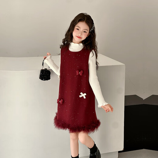 G.duck Little Yellow Duck Girls' Autumn and Winter Plush Woolen Dress Children's Birthday Dress Little Girl's Fashionable Thickened Skirt Black Suit Two-piece Set 160 CM
