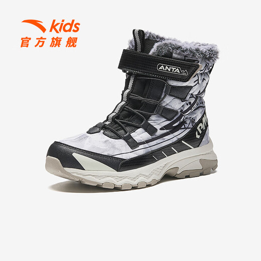 ANTA children's cotton shoes, boys' shoes, 2025 winter new velvet warm long boots, snow boots, non-slip cotton boots, ivory white/black-3 40, foot length about 25cm