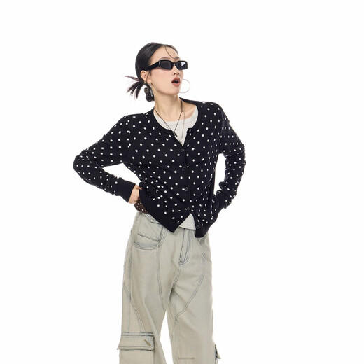ICH MODE American retro slim polka-dot knitted cardigan for women 2026 new spring and autumn lazy sweater jacket black M