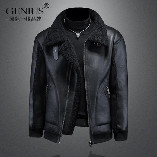 GENIUS international first-line brand fur integrated men's winter velvet thickened leather jacket short motorcycle jacket leather jacket men's clip black L 115-130Jin Jin equals 0.5 kg