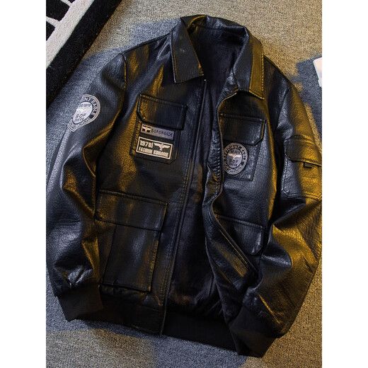 Playboy American Workwear Bomber Jacket Cotton Jacket Men's Winter Velvet Thickened Warm Motorcycle Leather Jacket Black M