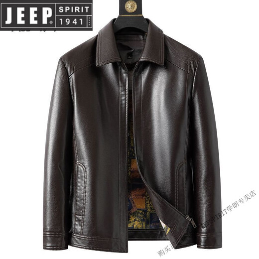 JEEP SPIRIT Autumn and Winter New Haining Leather Jacket for Men Middle-aged Dad Sheepskin Casual Large Size Leather Jacket with Velvet New Product Stand Collar Leather Jacket Black Velvet M 170