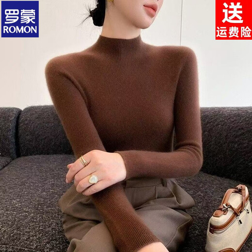 ROMON Winter Cardigan Women's Half Turtle Collar Slim Fit Inner Sweater One-line Seamless Pullover Long-Sleeved Knitted Bottoming Sweater Slim Black S 80-95Jin Jin is equal to 0.5 kg