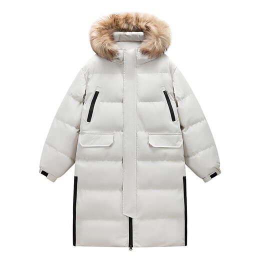 Early Tang Dynasty cotton-padded clothes for men and women, medium-length, hooded, large fur collar, thickened warm cotton-padded clothes, winter military coats, cotton-padded jackets, off-white 3XL