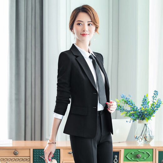 Suit Suit Women's Business Wear Formal 2025 Spring New Casual Temperament Work Wear Suit Suit Black Jacket + Trousers (502) XL Recommended 110-120Jin Jin equals 0.5 kg