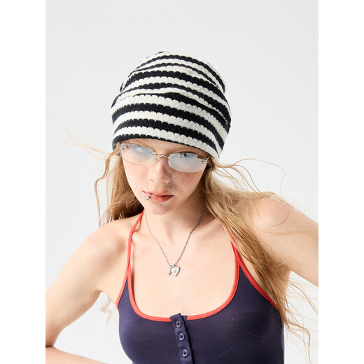 Shang Xuan black and white classic striped woolen hat for women, versatile autumn and winter warm knitted hat for couples, cold hat, Korean striped line