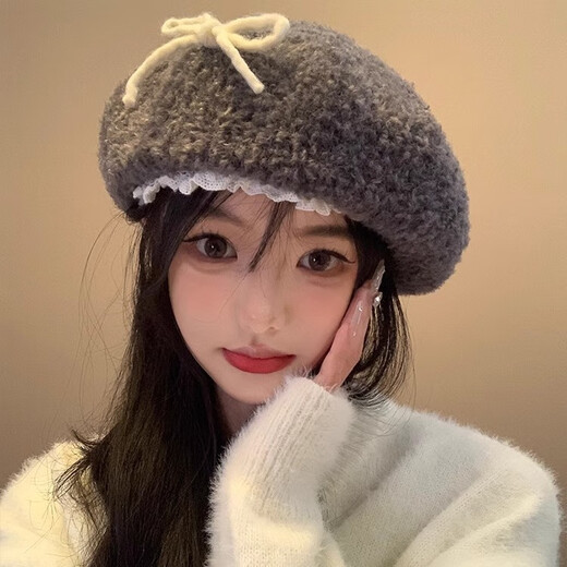 Lamb Wool Bow Lace Gray Beret Women's 2024 Autumn and Winter Warm and Showy Little Painter Hat Versatile Hat Gray M (56-58cm