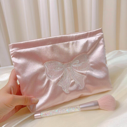 Shijanu ins small fresh embroidered bow cosmetic bag, portable and large-capacity liner bag storage bag embroidered bow glitter powder (medium size)