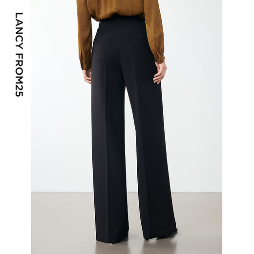 Langzi 2024 winter new style wool high-end straight wide-leg trousers, slim and elegant black suit pants, black M