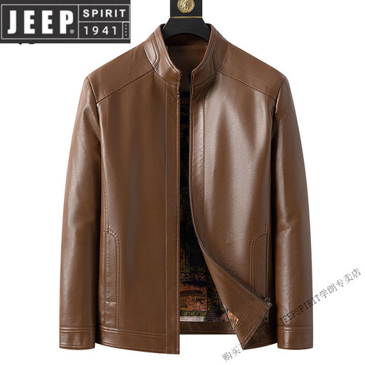 JEEP SPIRIT Autumn and Winter New Haining Leather Jacket for Men Middle-aged Dad Sheepskin Casual Large Size Leather Jacket with Velvet New Product Stand Collar Leather Jacket Black Velvet M 170