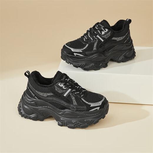 DAPHNE Daphne velvet dad shoes winter new fashion versatile casual shoes women's height increasing sneakers cotton shoes black velvet heel height 6.5cm 35 (225mm) standard size