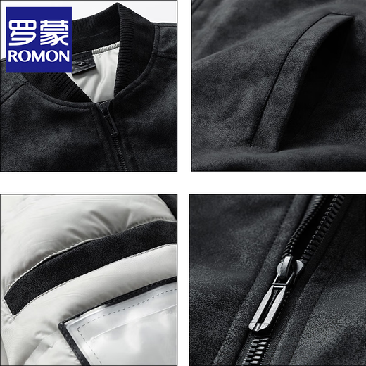 ROMON 2025 winter new leather jacket men's baseball jacket down jacket men's regular thickened casual leather jacket men's obsidian black XL recommended 125-140Jin Jin equals 0.5 kg