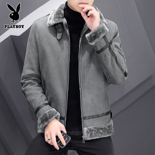 花花公子冬季外套皮衣加绒加厚保暖仿鹿皮绒外套男士潮流韩版男装外套 219灰色 L (建议100-115斤)