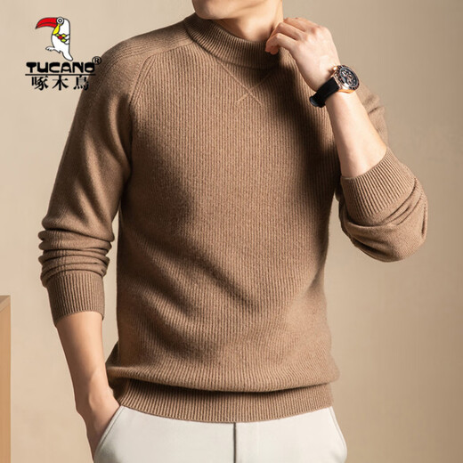 Woodpecker 2025 Winter Pure Wool Sweater Men's Half Turtle Collar Winter Thickened Knitted Sweater Men's Warm Bottoming Shirt Brown M