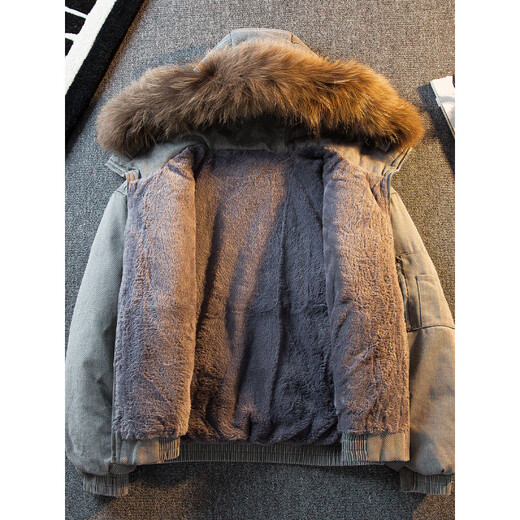 花花公子重磅帆布水洗牛仔夹克男款冬季羽绒服加绒加厚座山雕外套 黑色 可拆卸毛领 S (90-110斤)