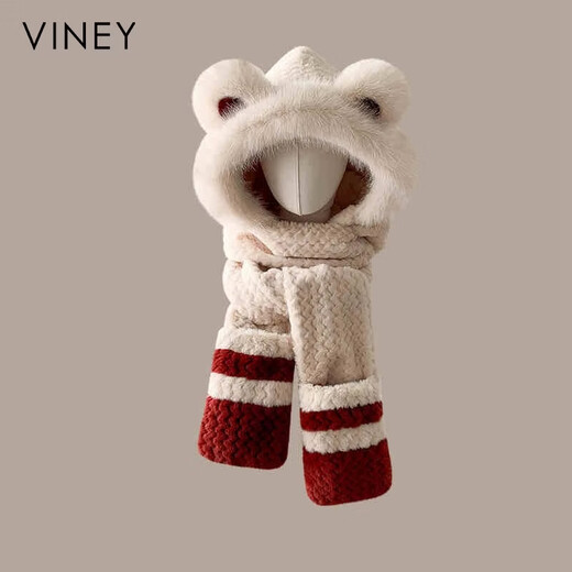 Viney hat scarf gloves all-in-one women's 2025 new winter bear plush thickened warm ear protection cycling hat Ancora red one size