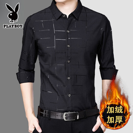 Playboy thickened velvet printed casual shirt men's long-sleeved autumn and winter business ironing-free shirt for young and middle-aged men's men's navy blue flower-170 plus velvet L 170 recommended 120-135Jin Jin equals 0.5 kg to wear