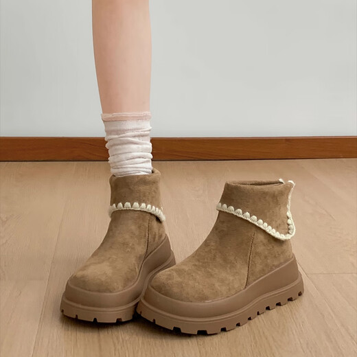 Woodpecker retro British style thick-soled Martin boots for women 2025 new winter with skirt and velvet snow boots Birkenstock short boots khaki plus velvet to keep warm 37 (235mm)